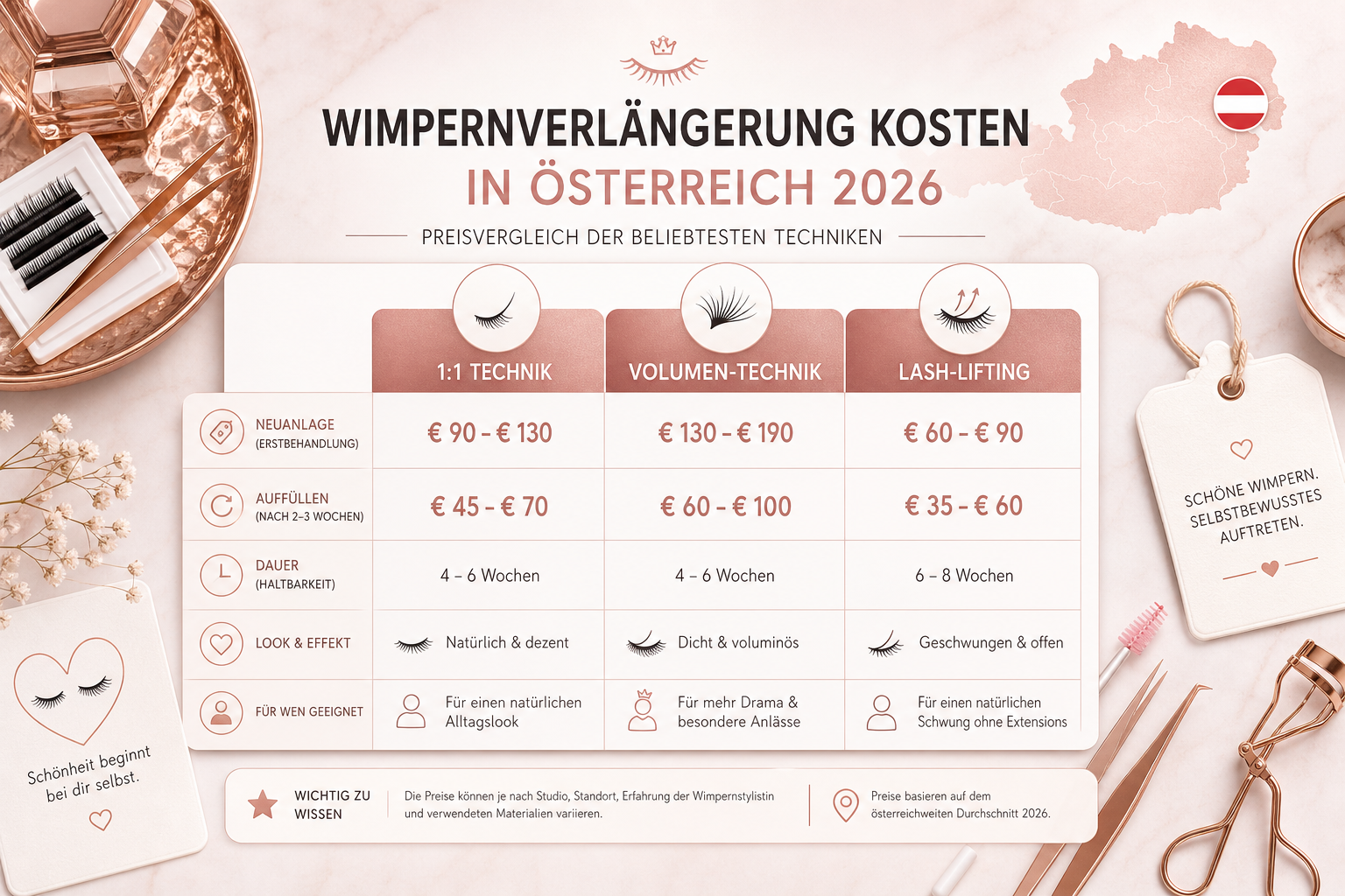() detailed infographic-style illustration showing a comparison table of Wimpernverlängerung Kosten in Österreich 2026 — 1:1