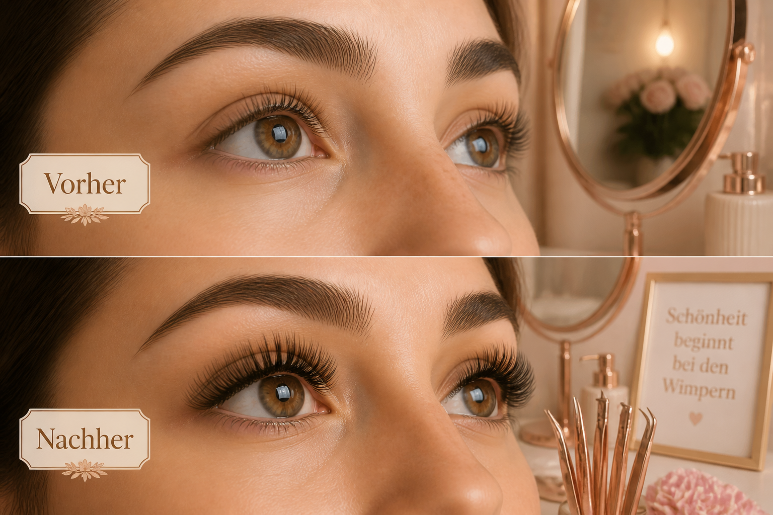 () warm beauty studio interior scene showing a before-and-after split composition of natural lashes versus voluminous