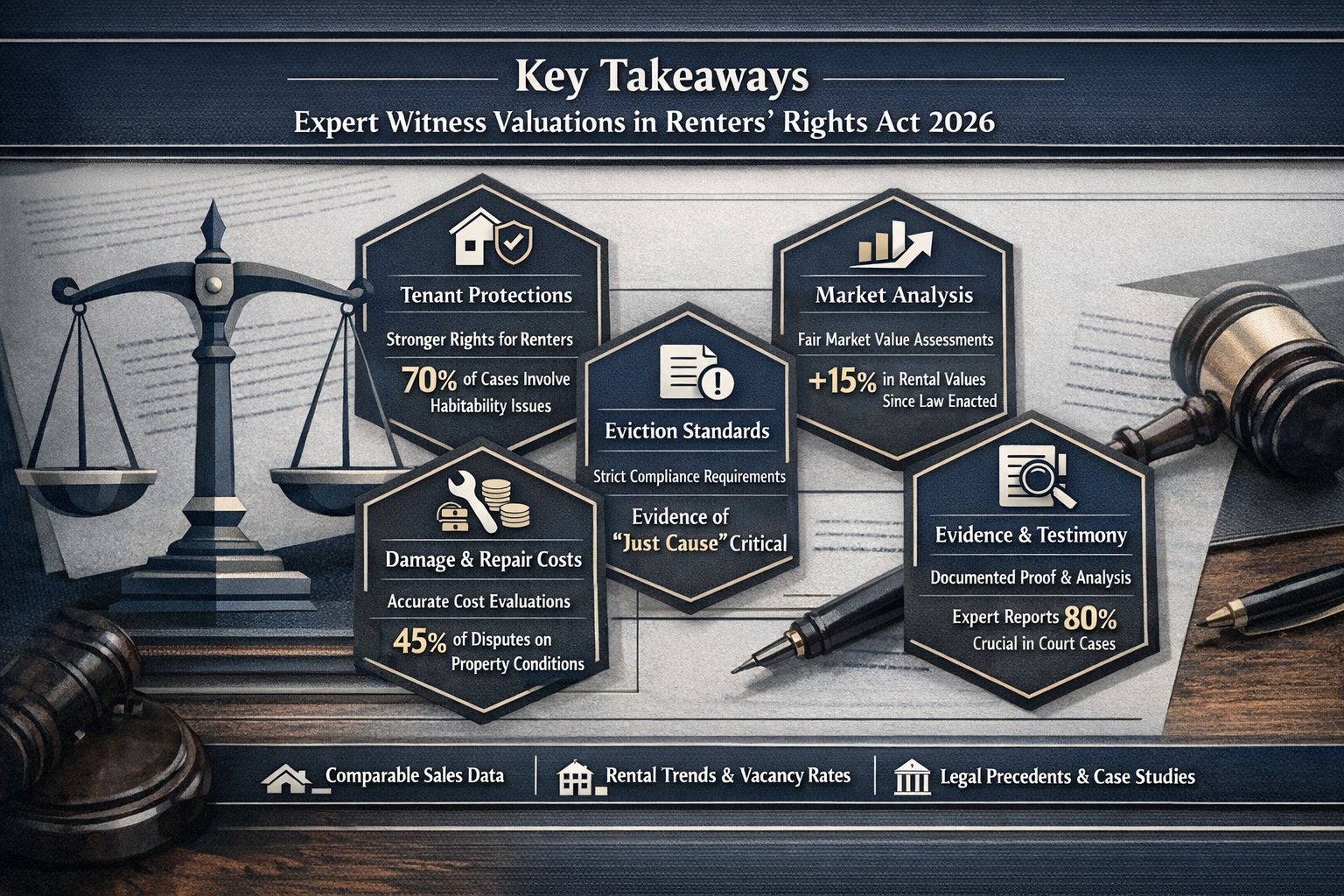Comprehensive legal infographic visualizing 'Key Takeaways' for Expert Witness Valuations in Renters' Rights Act 2026,