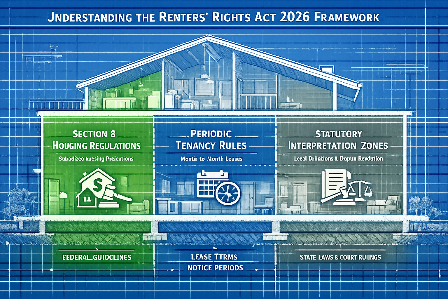 Architectural cutaway diagram illustrating 'Understanding the Renters' Rights Act 2026 Framework', showing multi-layered