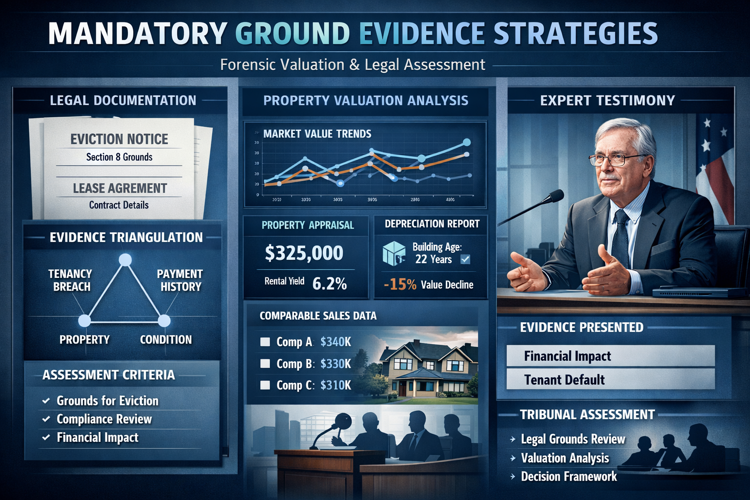 Expert witness valuation scenario visualization for 'Mandatory Ground Evidence Strategies', featuring forensic evidence