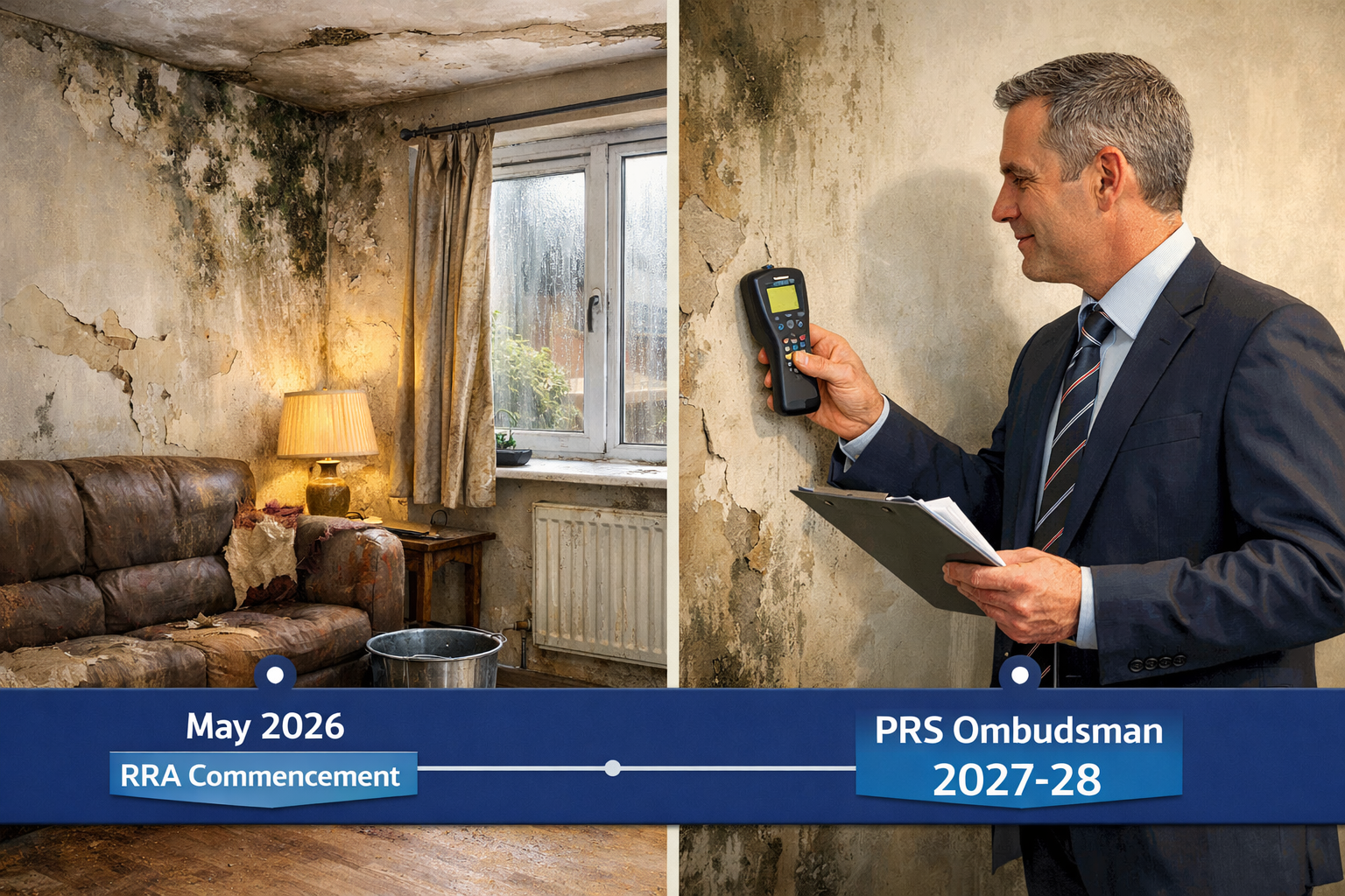 () editorial illustration showing a split-scene: left side features a UK residential rental property with visible damp and