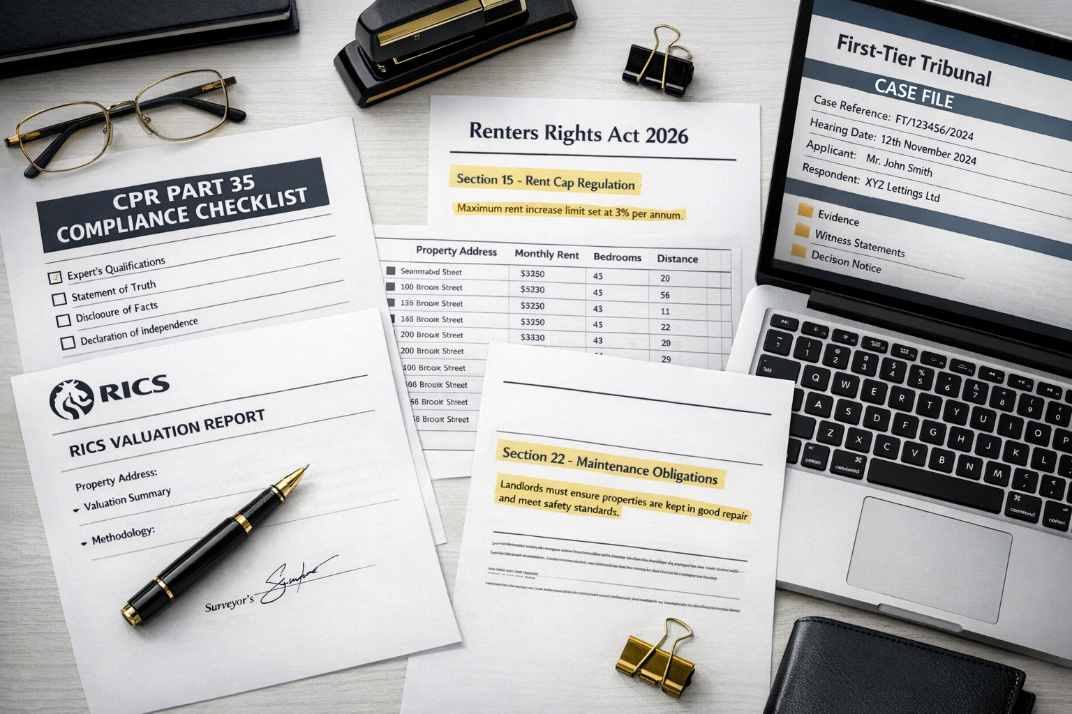 () close-up overhead shot of a professional surveyor's desk with CPR Part 35 compliance checklist documents, RICS valuation