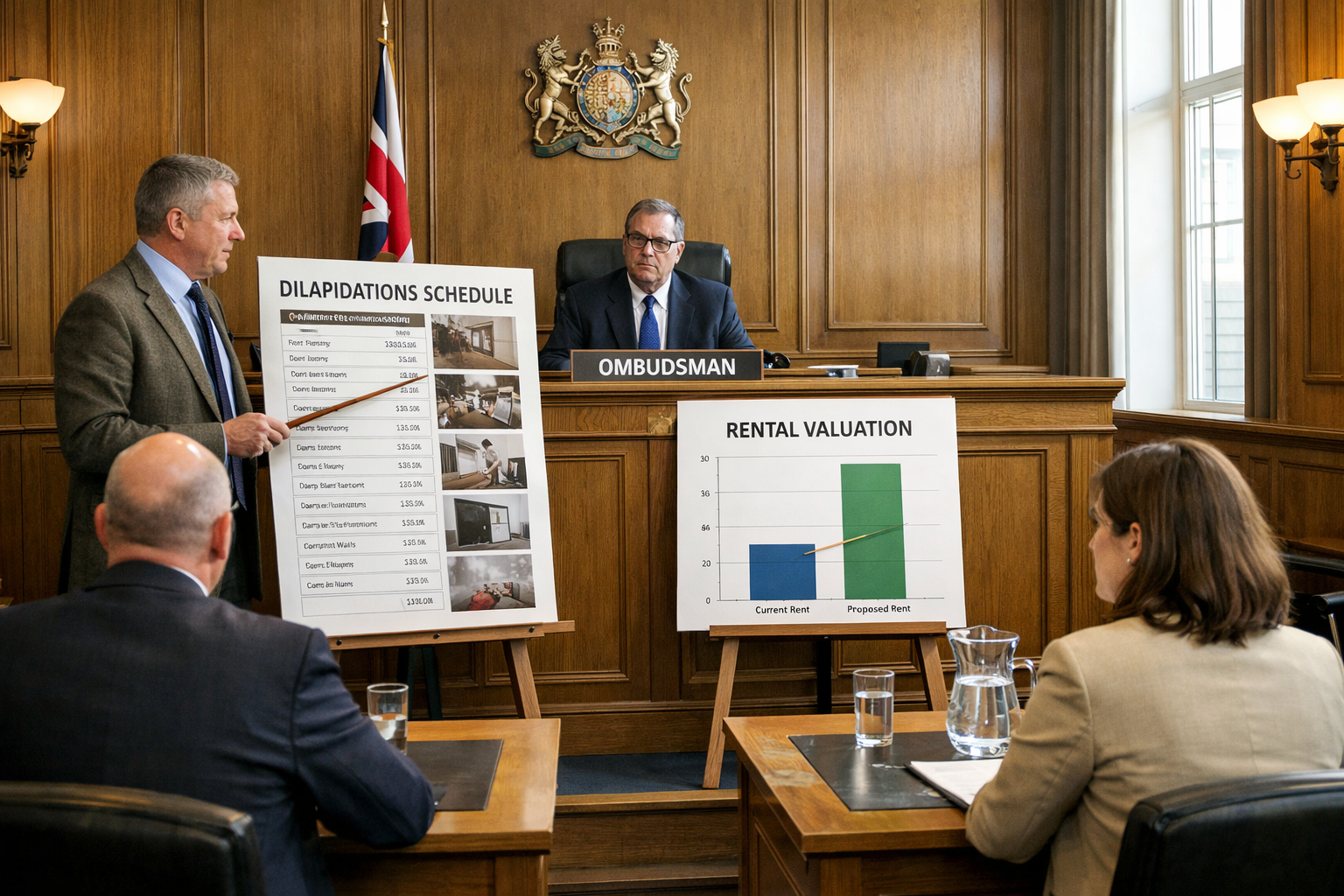 () wide-angle scene of a formal ombudsman dispute hearing room: a neutral ombudsman officer seated at a raised panel desk, a