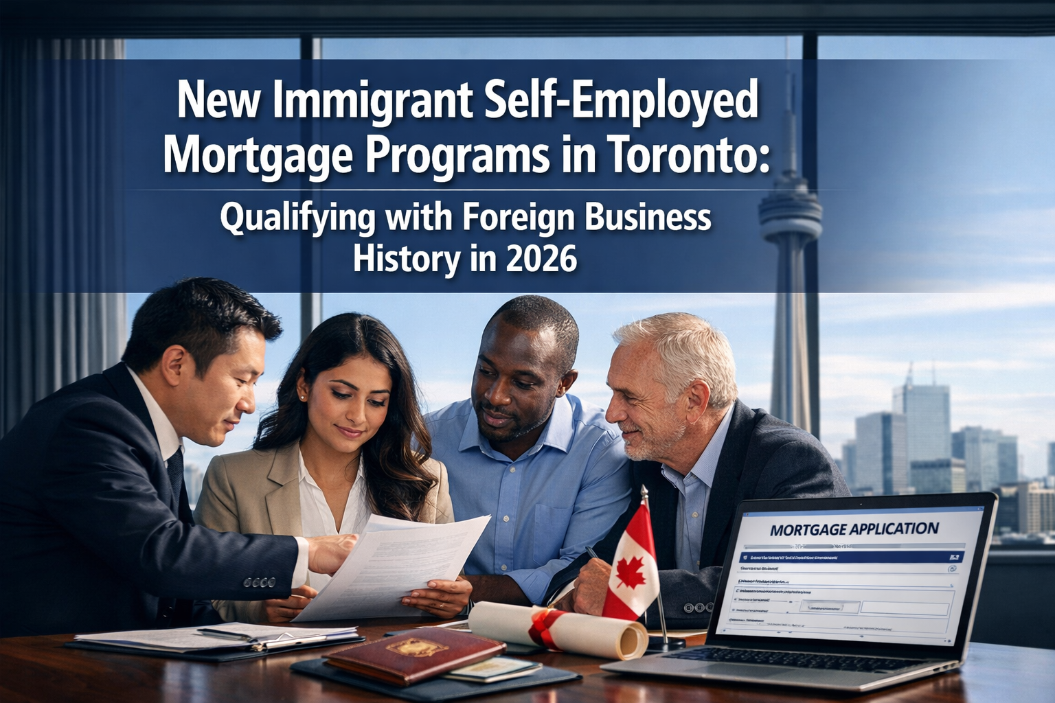 Professional landscape format (1536x1024) hero image featuring bold text overlay 'New Immigrant Self-Employed Mortgage Programs in Toronto: