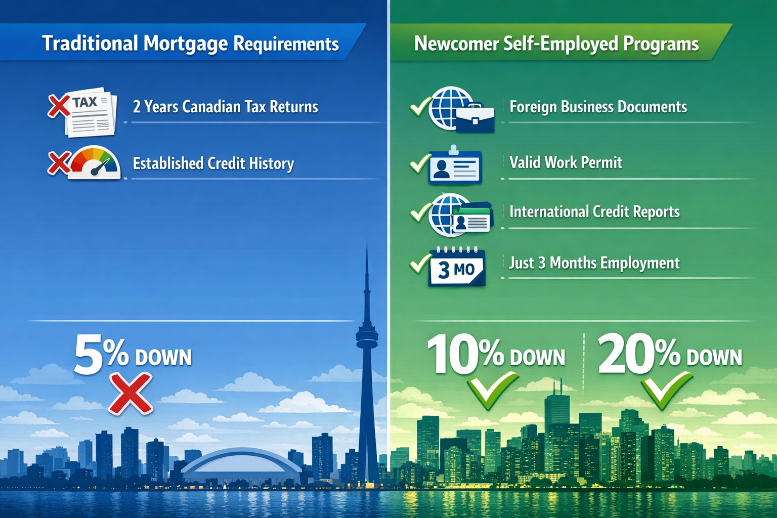 Detailed landscape format (1536x1024) image showing side-by-side comparison infographic of traditional Canadian mortgage requirements versus