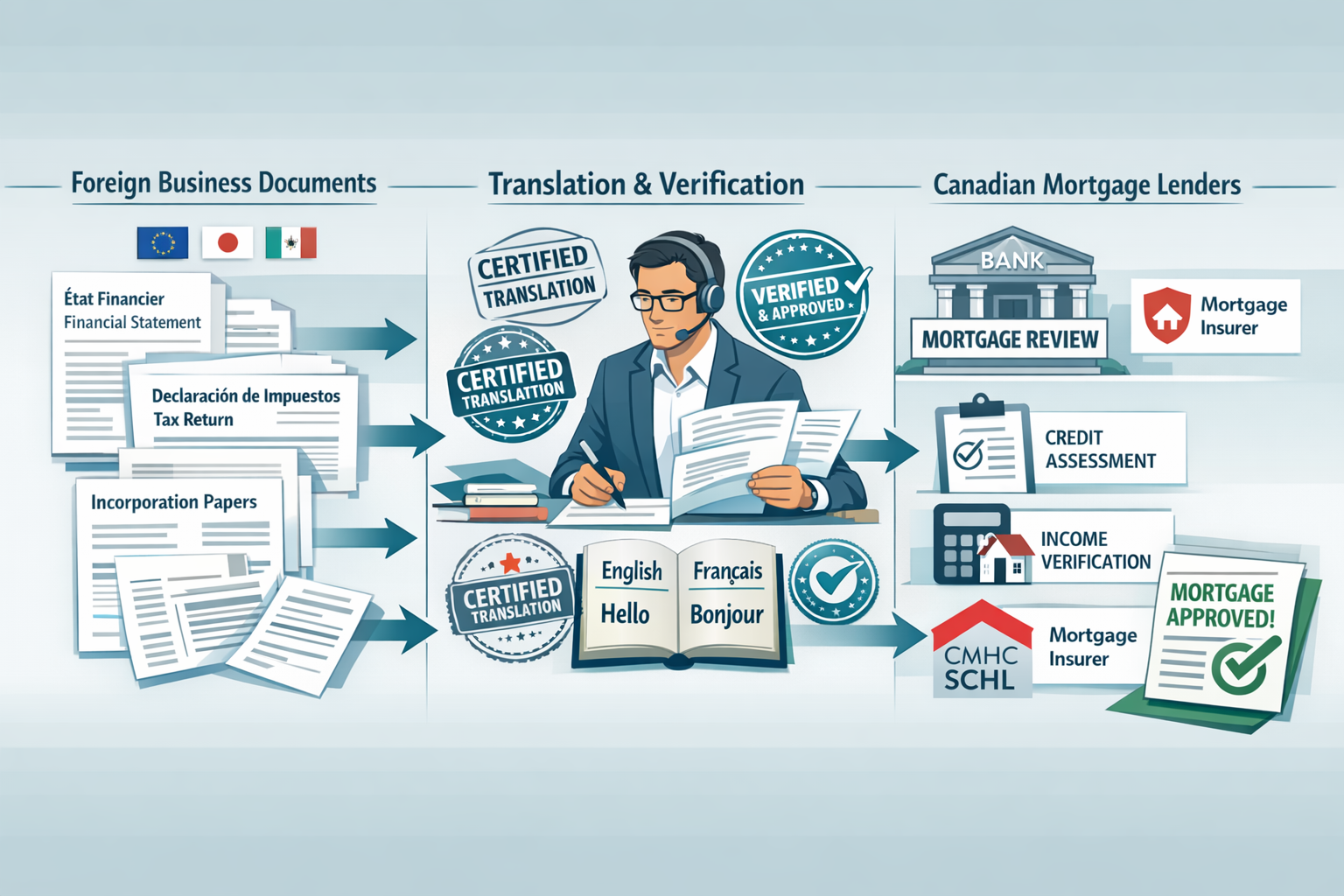 Detailed landscape format (1536x1024) conceptual illustration depicting foreign business credential translation process for mortgage qualifi