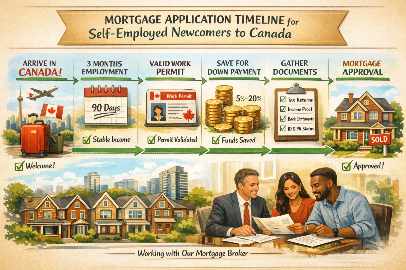 Detailed landscape format (1536x1024) image showing mortgage application timeline and requirements checklist specifically for self-employed