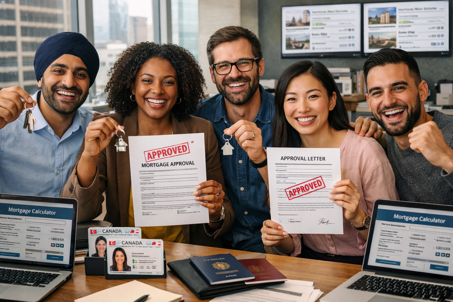 Detailed landscape format (1536x1024) professional photograph of diverse group of new immigrant entrepreneurs in modern Toronto co-working s