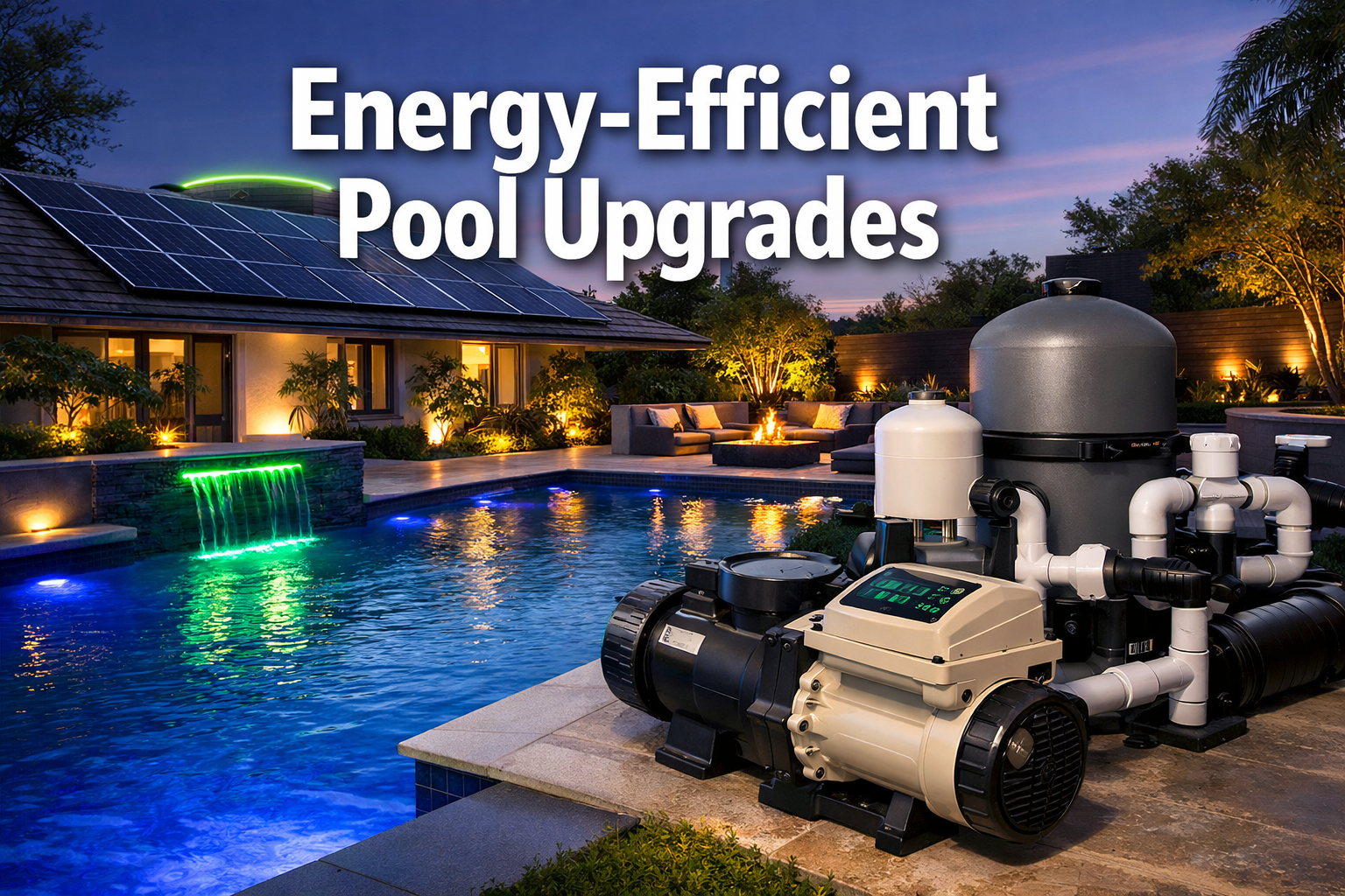 Professional landscape hero image (1536x1024) featuring bold text overlay 'Energy-Efficient Pool Upgrades' in extra large 72pt white sans-se