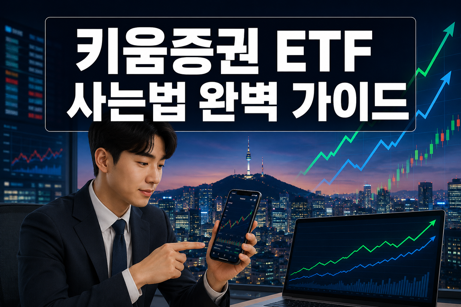 Professional () hero image with '키움증권 ETF 사는법 완벽 가이드' in extra large white with dark semi-transparent background box,