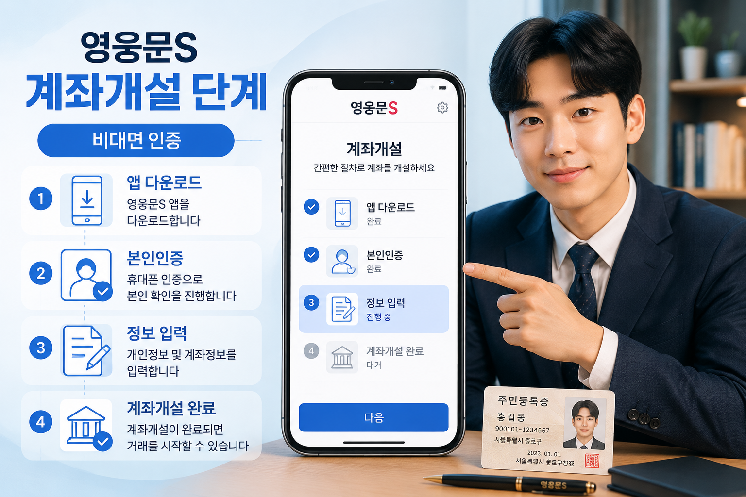 () showing a clean smartphone screen with 영웅문S app interface, Korean text labels '계좌개설 단계' and '비대면 인증' highlighted in blue,