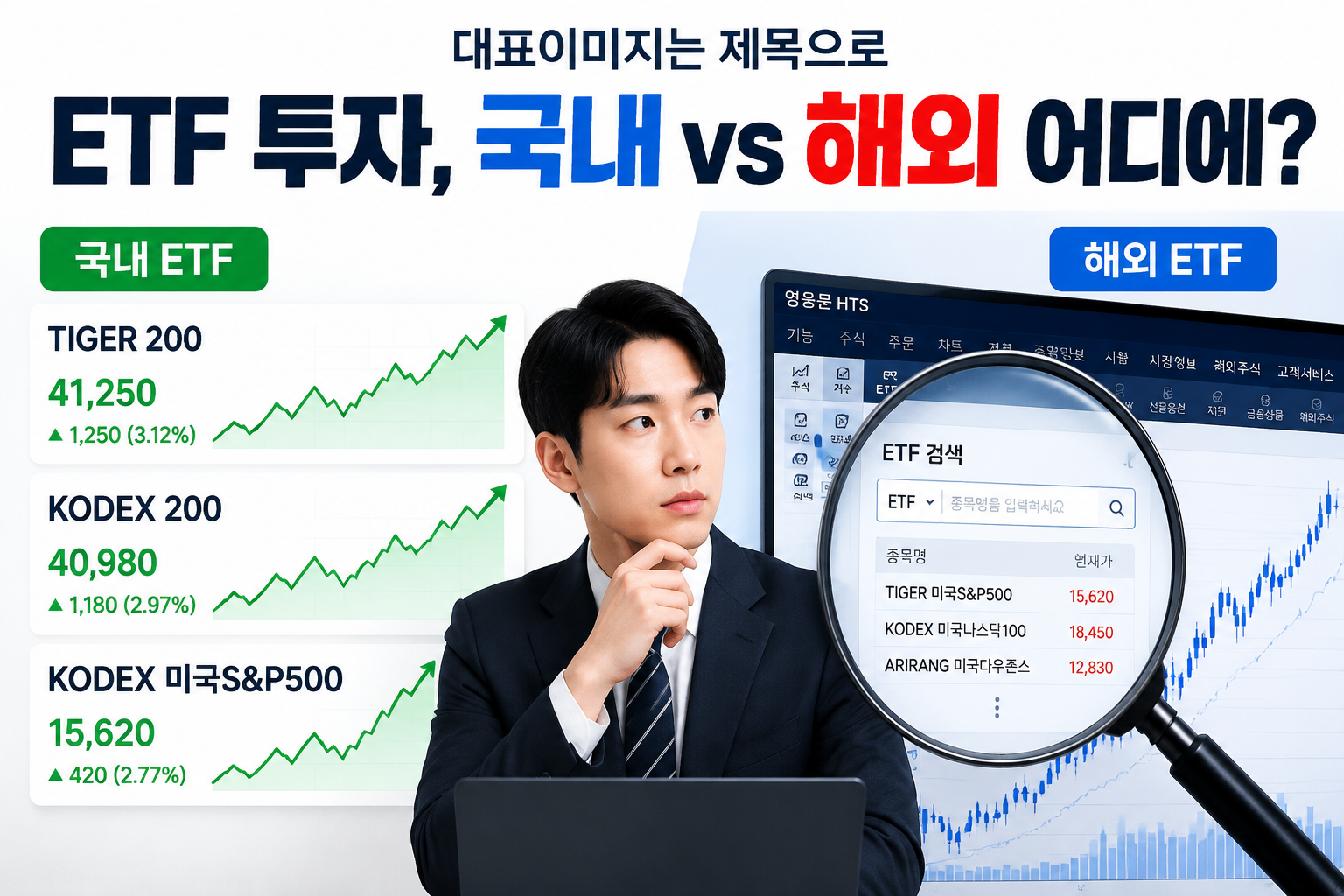 () depicting a split-screen comparison: left side shows Korean ETF list (TIGER 200, KODEX 200, KODEX 미국S&P500) with price