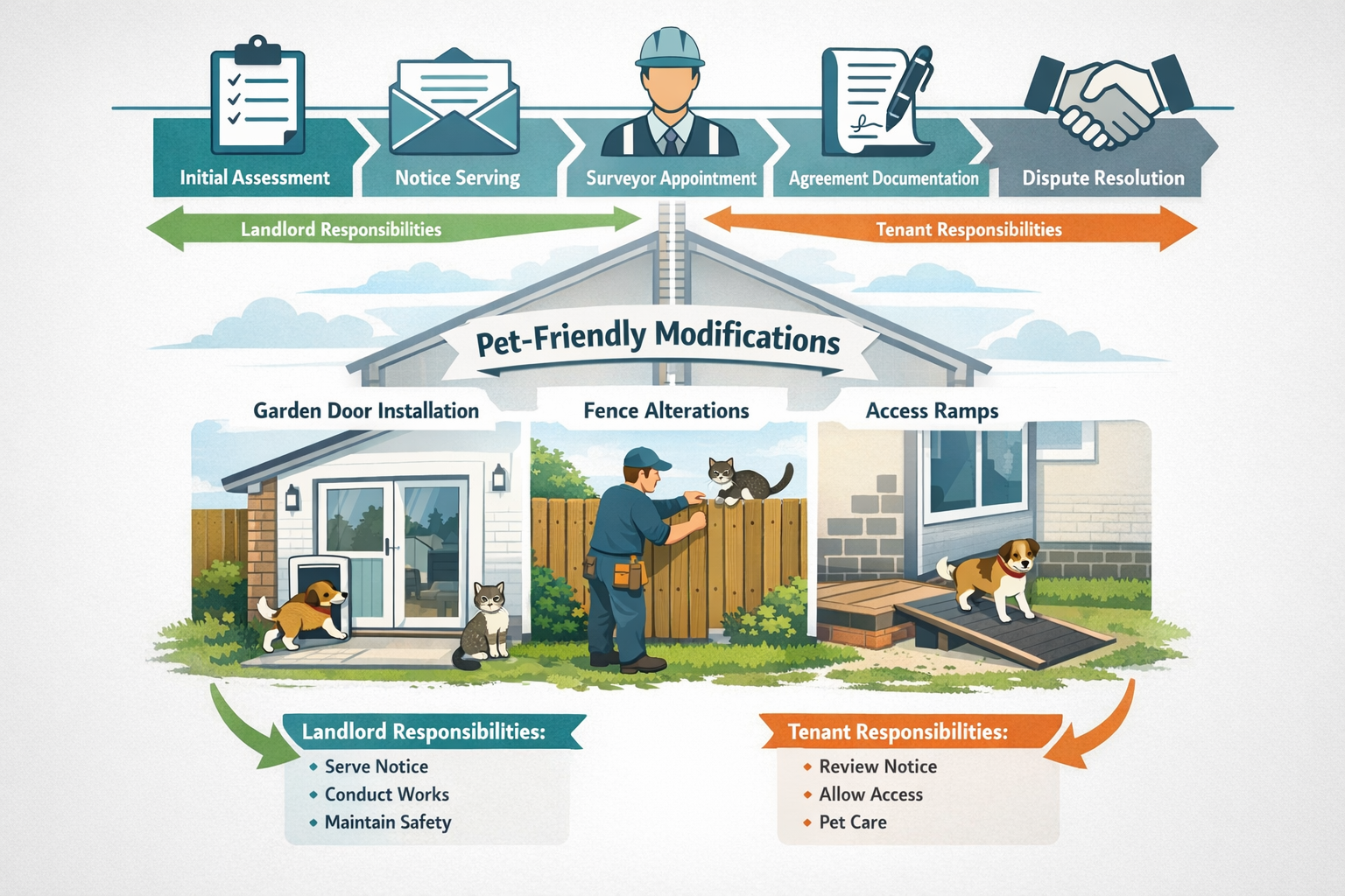 () detailed infographic showing party wall survey process flowchart with five connected stages: initial assessment, notice