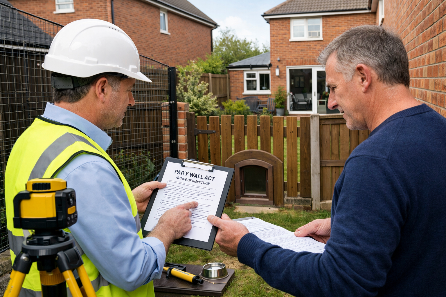 () professional scene showing surveyor conducting party wall inspection between two rental properties, one converted for pet