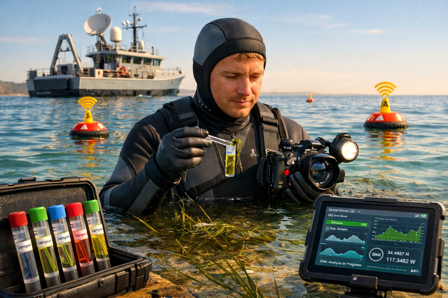 Detailed () image showing modern field surveyor in wetsuit collecting seagrass samples in shallow coastal waters, holding