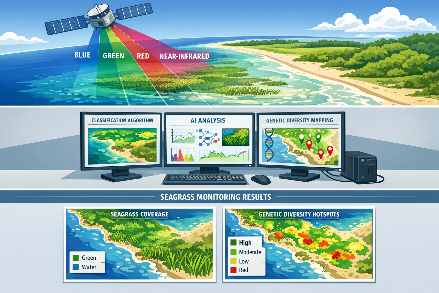 Comprehensive () technical illustration showing satellite remote sensing workflow for seagrass monitoring. Split-panel