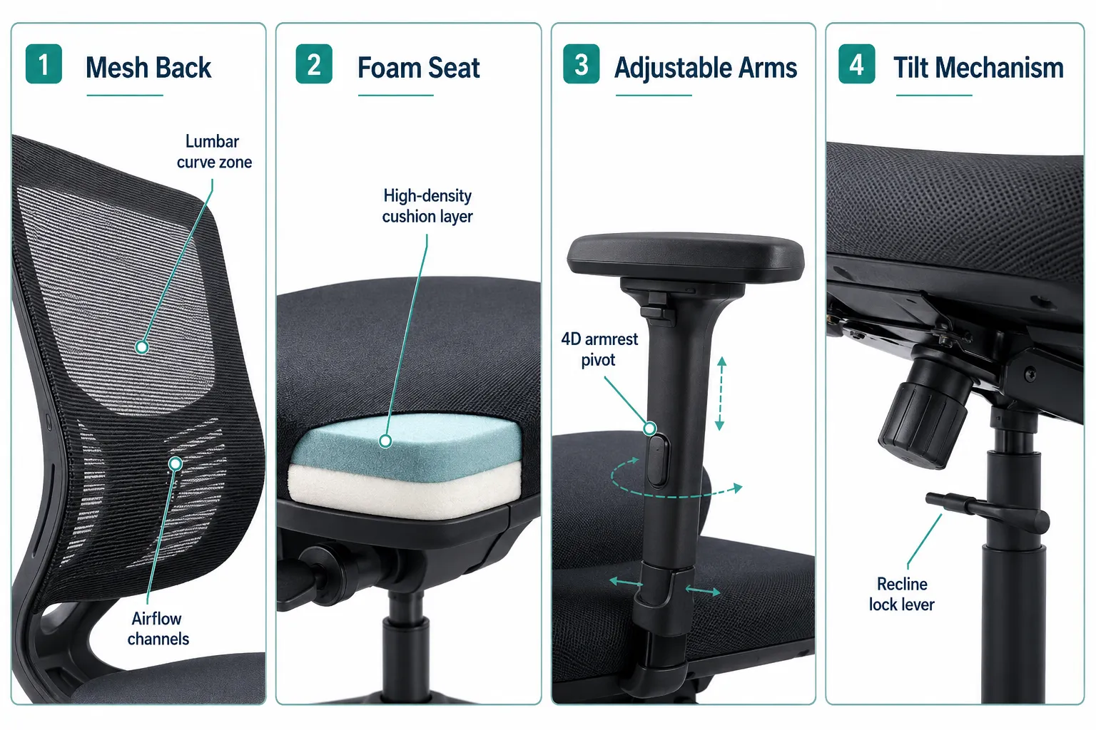 Four-panel labelled comparison guide (1536x1024): Panel 1 labeled 'Mesh Back' showing close-up breathable mesh backrest with callout arrows to 'Lumbar curve zone' and 'Airflow channels'; Panel 2 labeled 'Foam Seat' with callout to 'High-density cushion layer'; Panel 3 labeled 'Adjustable Arms' with callout to '4D armrest pivot'; Panel 4 labeled 'Tilt Mechanism' with callout to 'Recline lock lever'. Clean white background, teal and navy palette, thin callout lines, editorial ergonomic-guide polish, landscape format. What Makes a Good Office Chair for Back Pain and All-Day Sitting