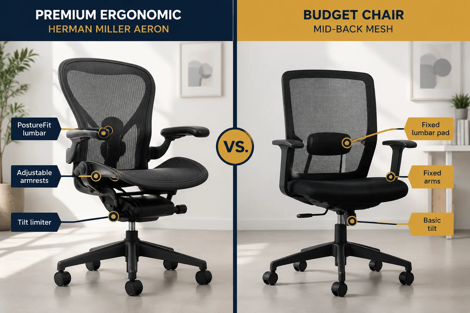 Annotated side-by-side split-screen (1536x1024): left half shows a premium ergonomic office chair (Herman Miller Aeron style, black mesh, high back) in a bright minimalist studio setting with three callout labels: 'PostureFit lumbar', 'Adjustable armrests', 'Tilt limiter'; right half shows a budget mid-back mesh office chair in the same studio with callout labels: 'Fixed lumbar pad', 'Fixed arms', 'Basic tilt'. Bold dividing line down center, navy and amber palette, sharp editorial product photography style, no pricing text anywhere. Best Office Chairs for Workspace Seating Under $300: Price, Value, and What You Actually Get