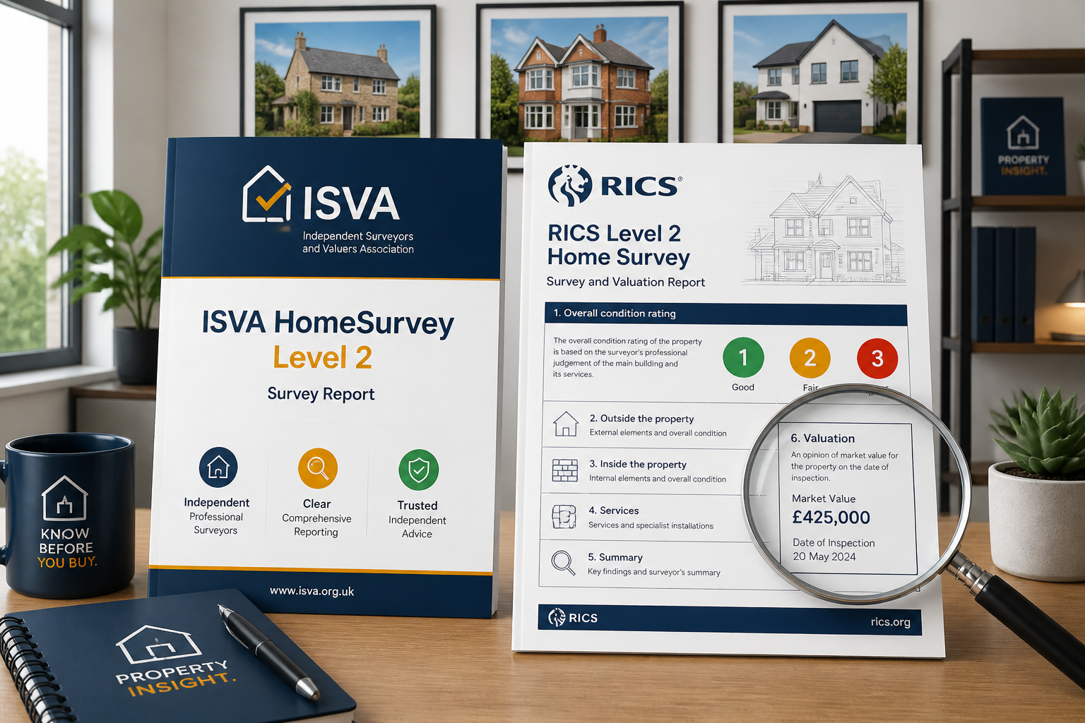 Detailed () infographic-style illustration showing two survey report documents side by side on a clean desk: one labeled