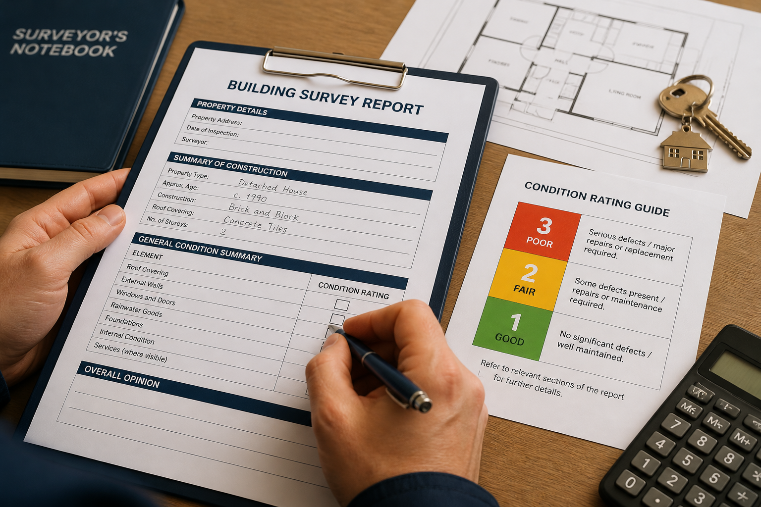 Close-up () of a surveyor's hands writing on a structured survey report form on a wooden table, with a traffic light rating