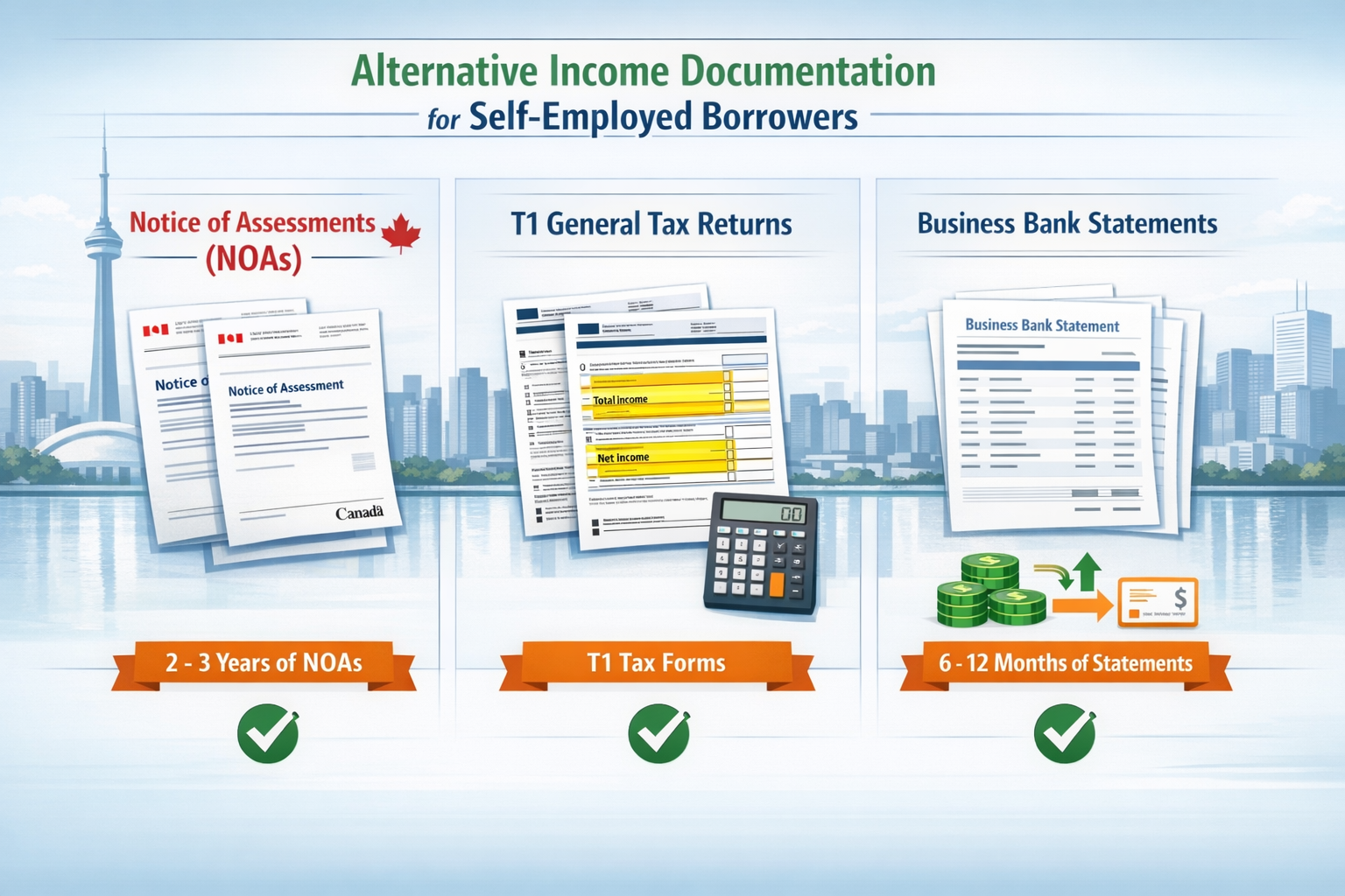 Landscape format (1536x1024) detailed infographic showing alternative income documentation pathway for self-employed borrowers, featuring th