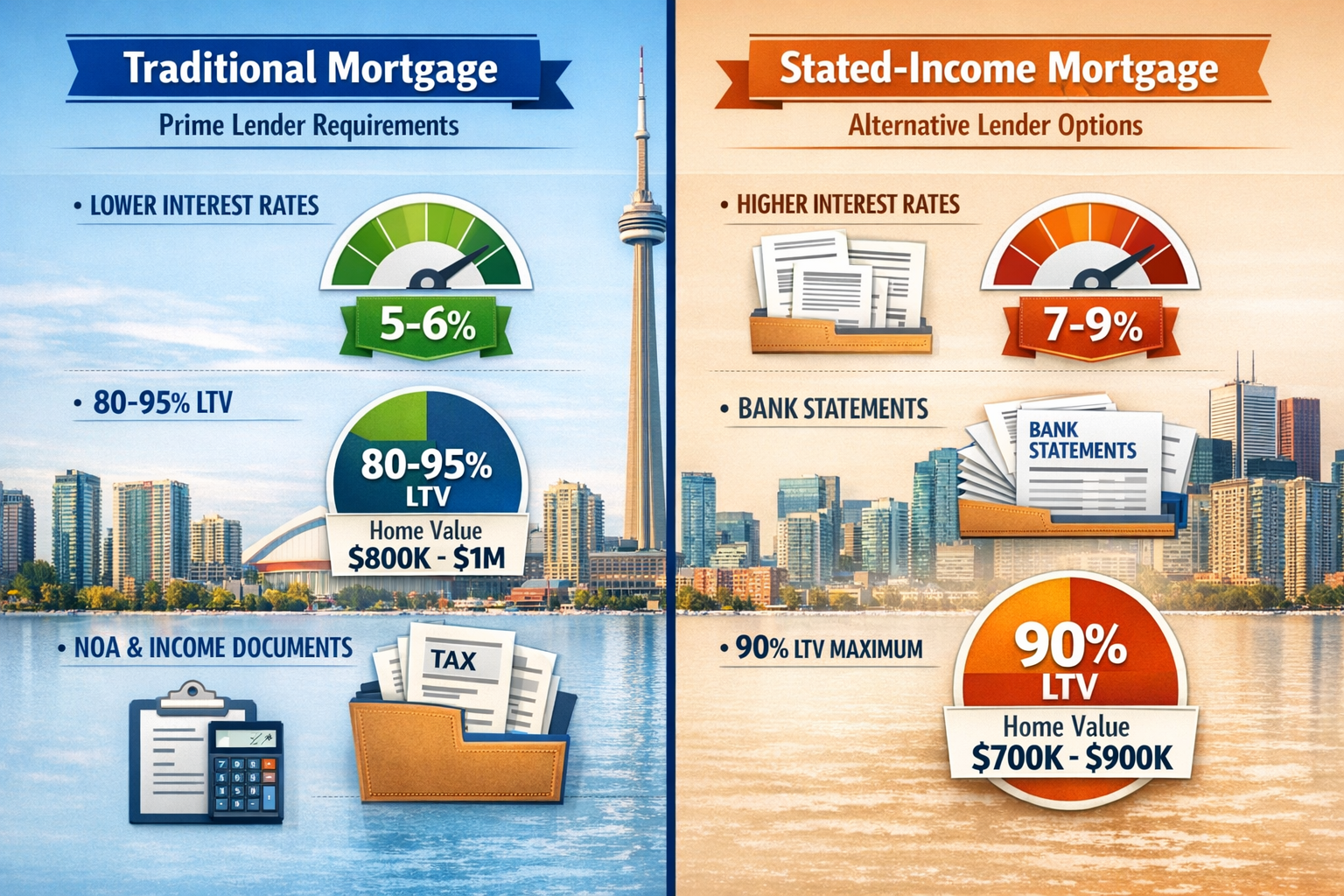 Landscape format (1536x1024) comprehensive comparison table visualization showing traditional versus stated-income mortgage paths, split-scr