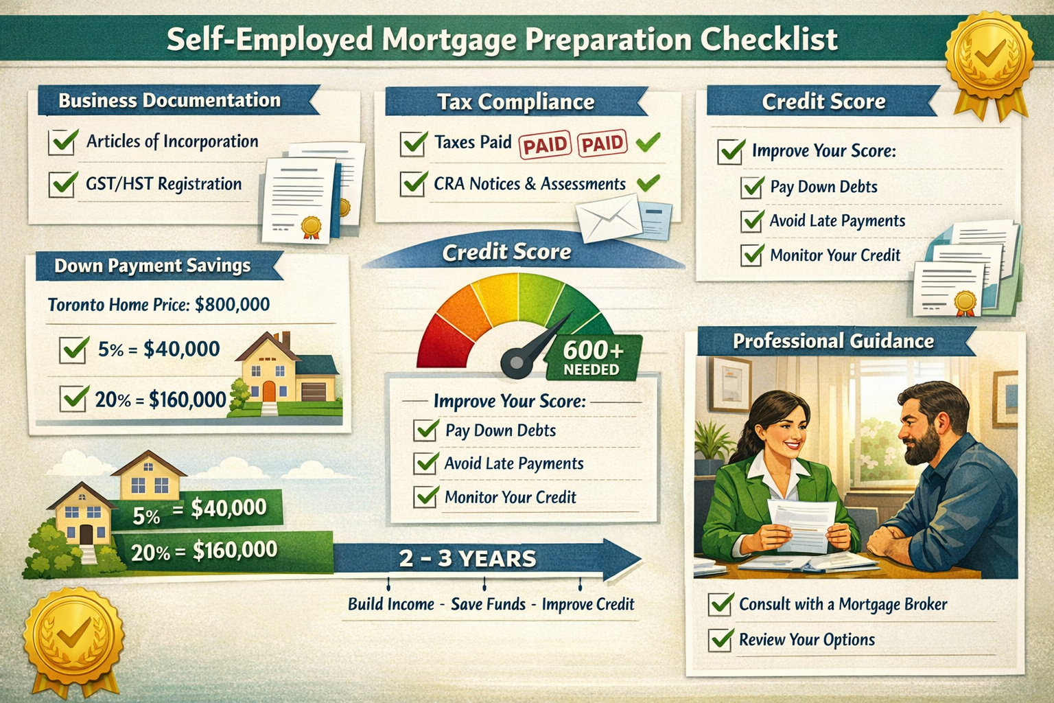 Landscape format (1536x1024) actionable checklist visualization for self-employed mortgage preparation, featuring organized sections with ch