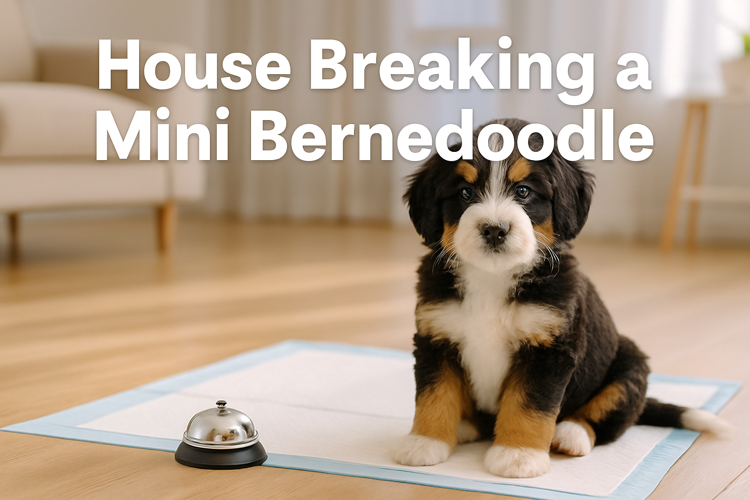 Professional landscape hero image (1536x1024) featuring adorable mini bernedoodle puppy sitting beside a house training bell and puppy pads
