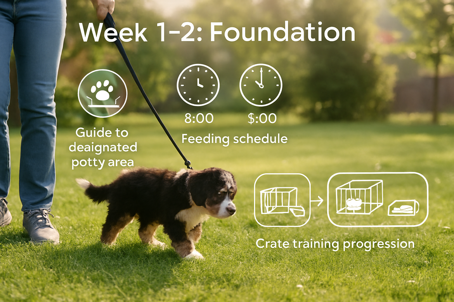 Detailed landscape image (1536x1024) showing mini bernedoodle puppy learning house training basics with visual timeline infographic overlay.
