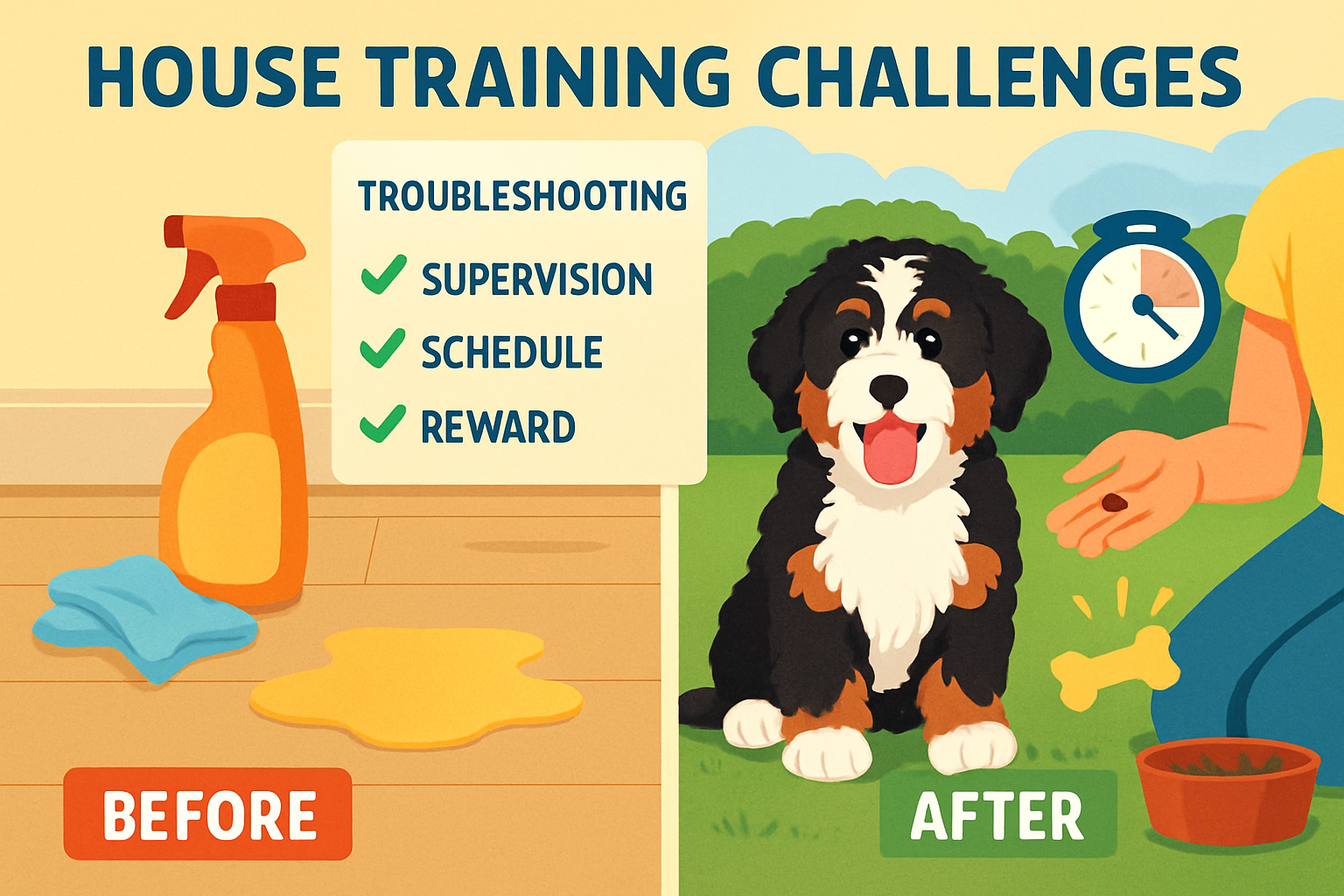 Comprehensive landscape image (1536x1024) depicting common house training challenges with mini bernedoodle puppy. Split-screen composition s