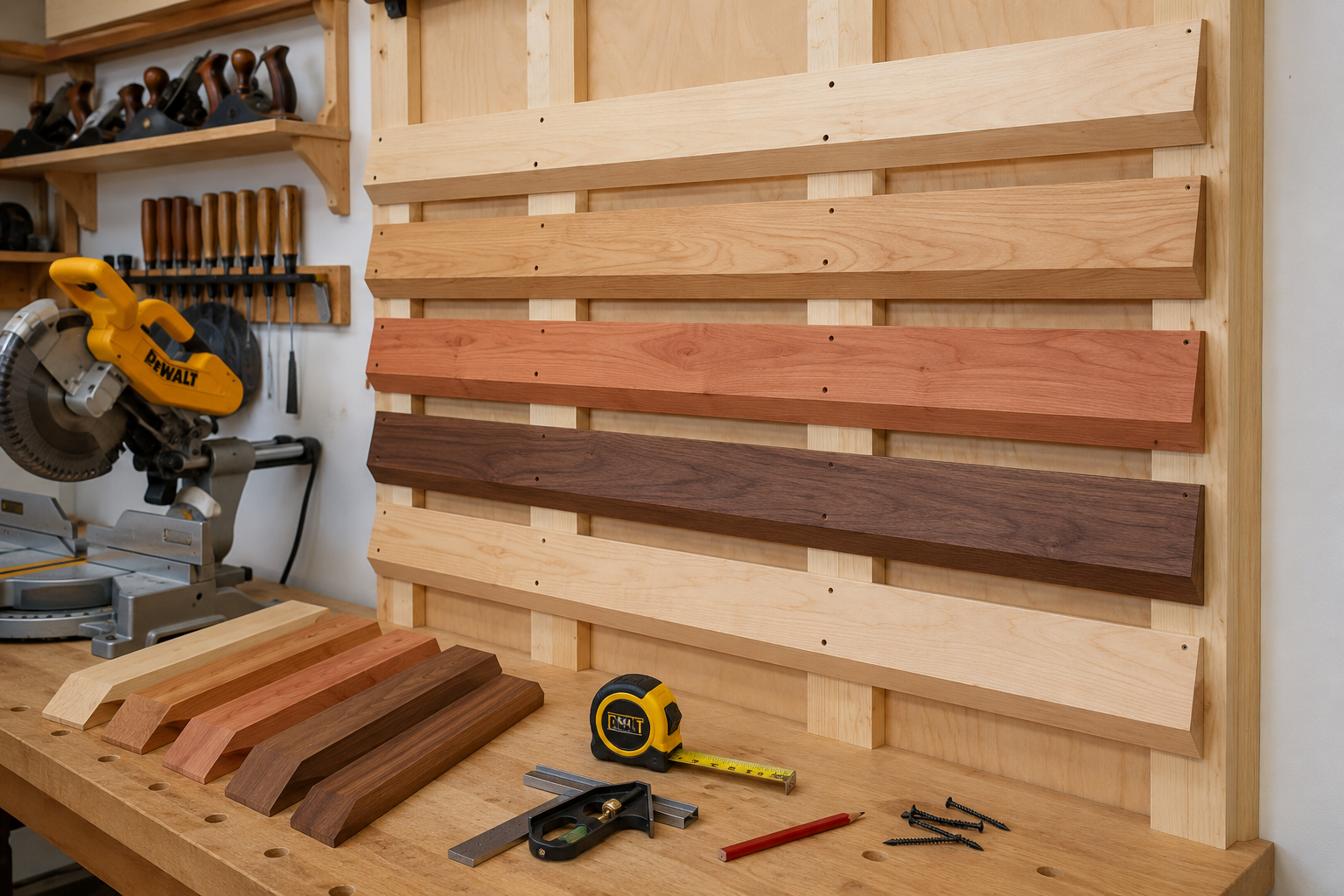 A detailed, eye-level shot of a partially constructed French cleat wall panel within a workshop, emphasizing precision cuts