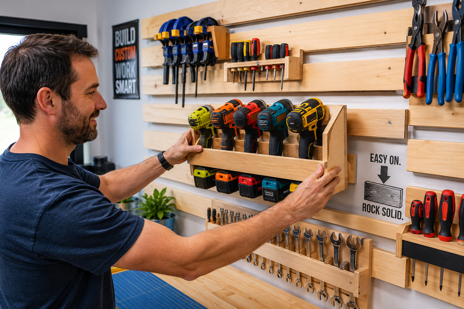 A vibrant, action-oriented scene showing a DIY enthusiast actively installing a custom-made tool holder onto a French cleat