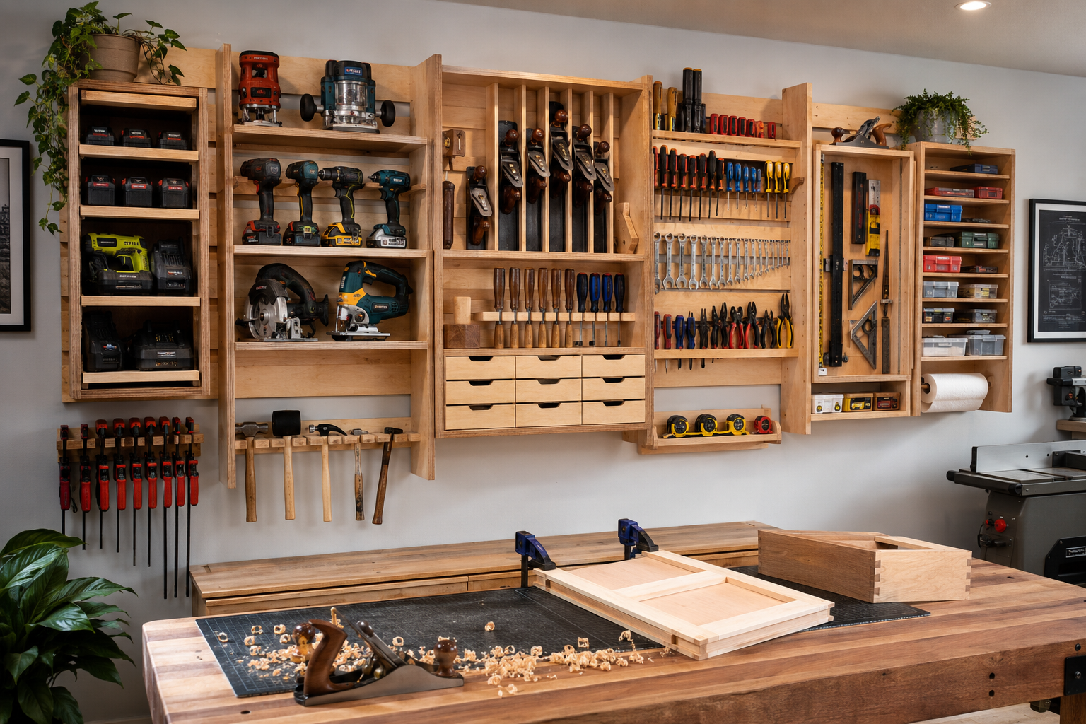 A wide-angle shot of a fully realized, organized DIY wall-mounted tool cabinet with French cleats in a functional workshop