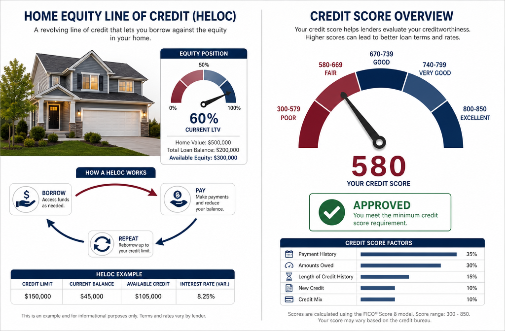 Infographic-style landscape image () showing a split visual: left side displays a HELOC product diagram with a house icon,
