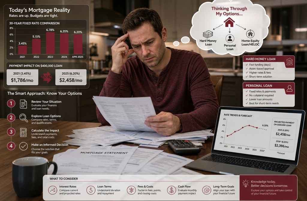 Wide-angle landscape () showing a stressed homeowner at a kitchen table surrounded by financial documents, calculator, and a