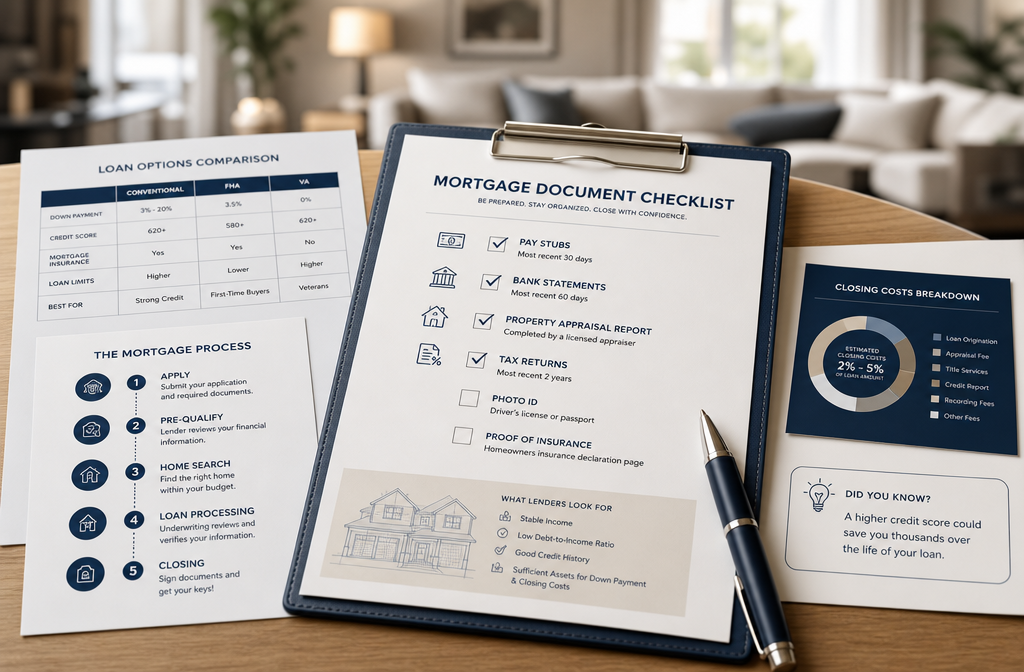 () close-up of a document checklist on a clipboard resting on a wooden desk, items like pay stubs, bank statements, property