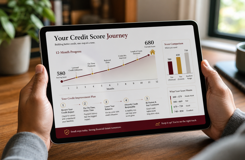() showing a rising credit score graph on a tablet screen held by a person in a home office setting, graph line moving
