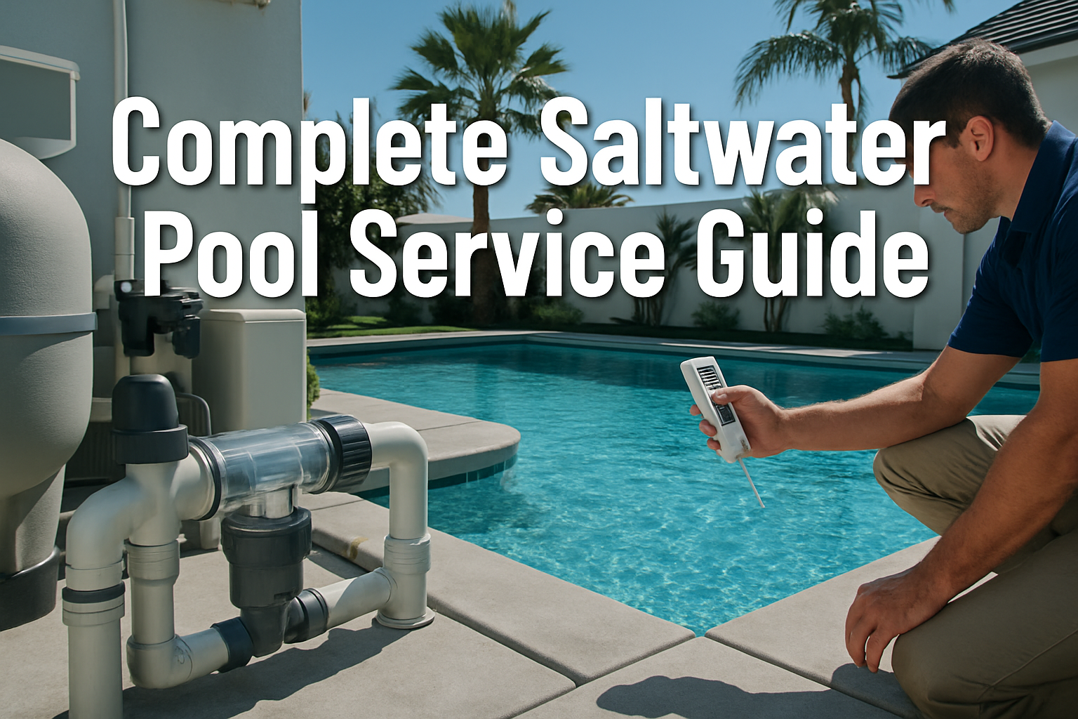 Professional landscape hero image (1536x1024) featuring bold text overlay 'Complete Saltwater Pool Service Guide' in extra large 72pt white