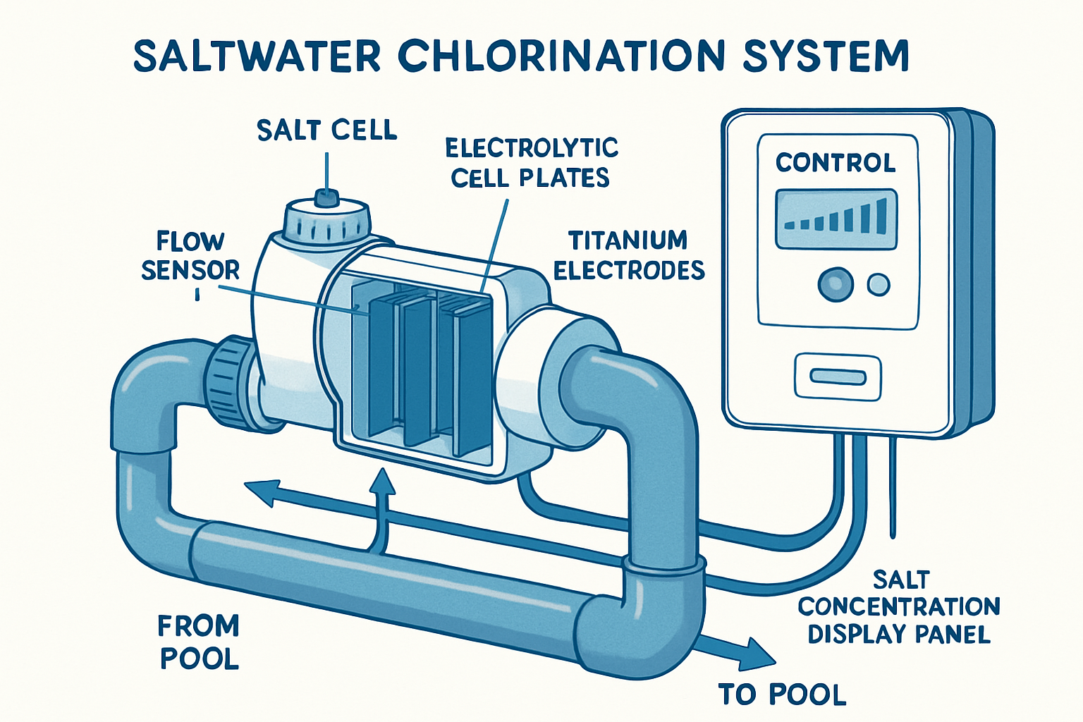 Detailed cutaway diagram of saltwater chlorination system showing salt cell, control unit, and water flow path through pool plumbing, with l