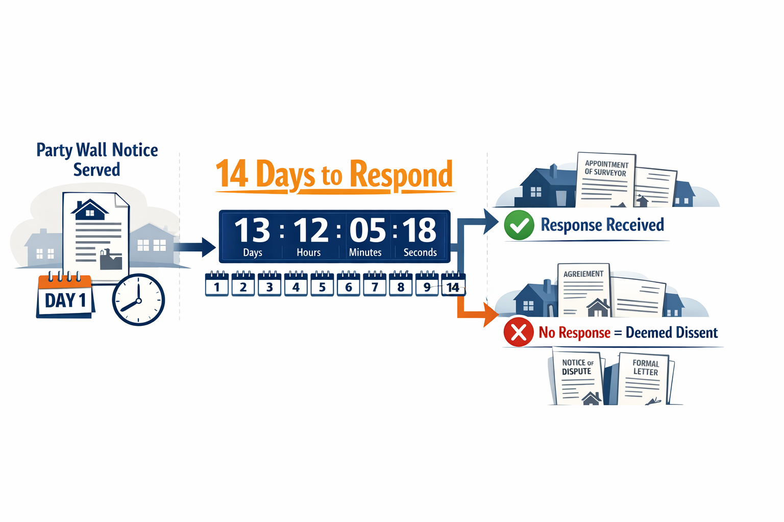 () detailed infographic illustration showing the 14-day response timeline as a horizontal flowchart with calendar icons and