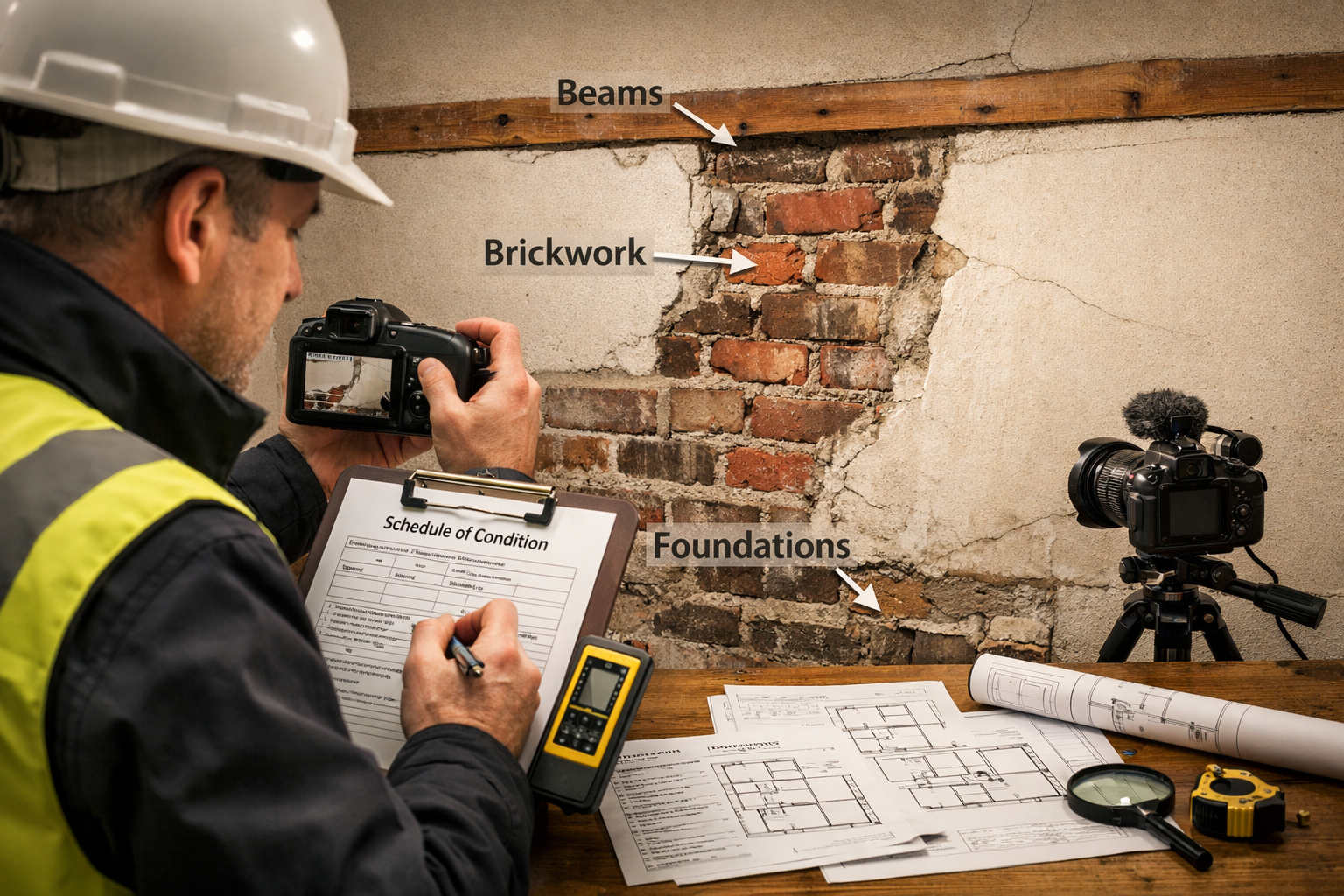() professional photograph-style illustration showing a qualified party wall surveyor conducting property inspection with