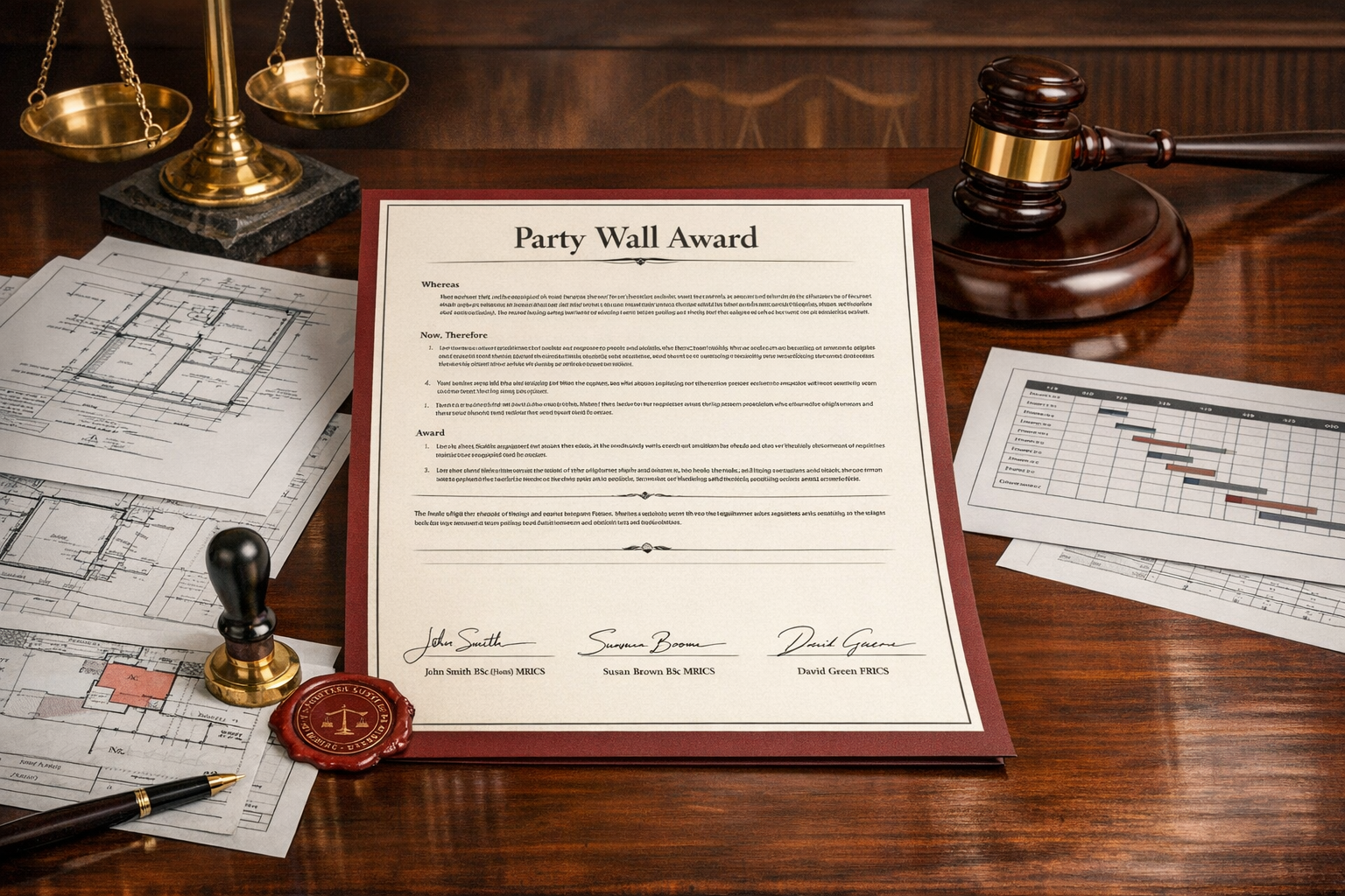 () sophisticated legal document composition showing completed Party Wall Award document as centerpiece on polished desk