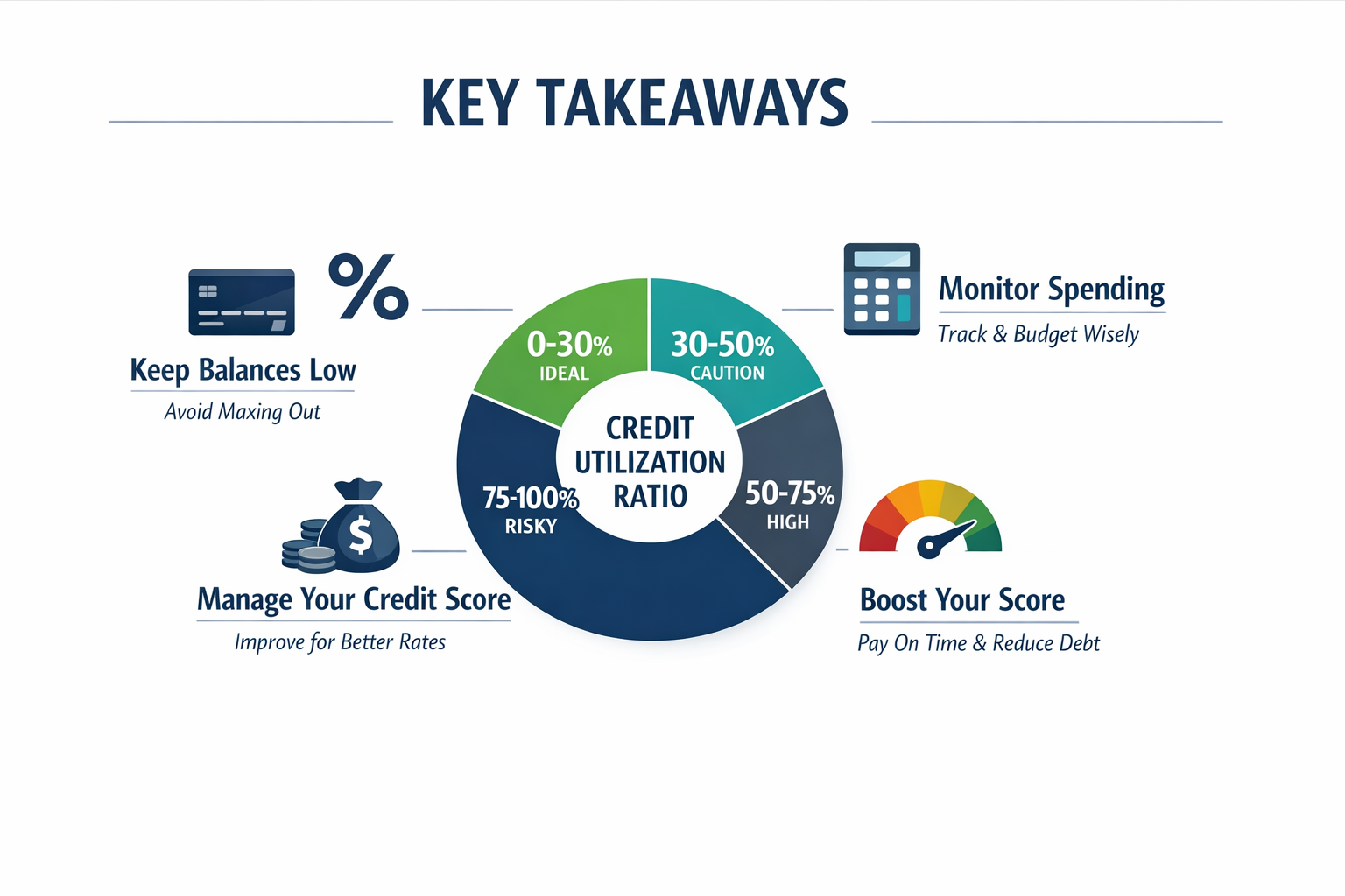 Key Takeaways section infographic with bold, minimalist design featuring a central circular diagram showing Credit Utilization Ratio percent