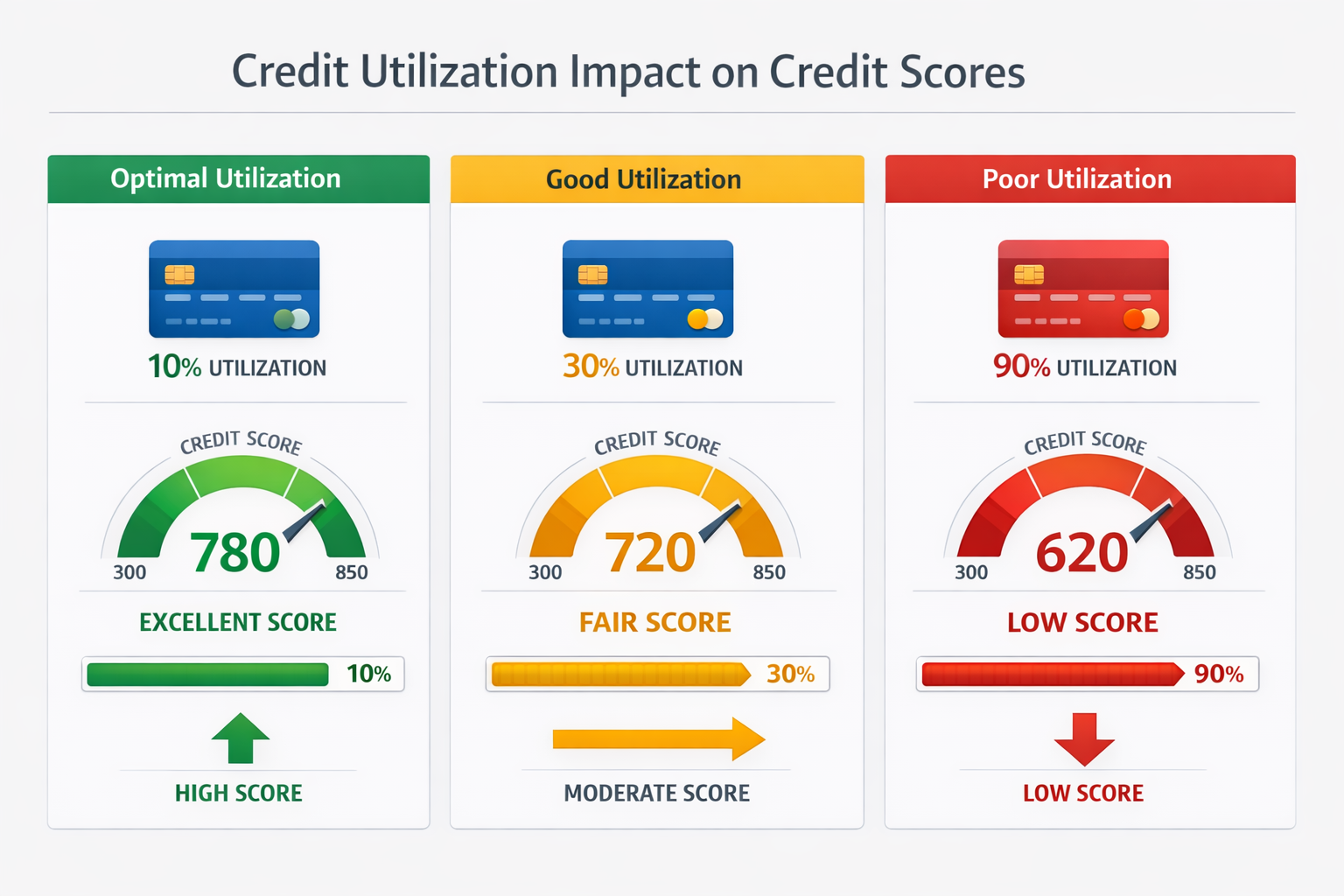 Landscape format (1536x1024) data visualization showing credit utilization impact on credit scores with side-by-side comparison chart. Left