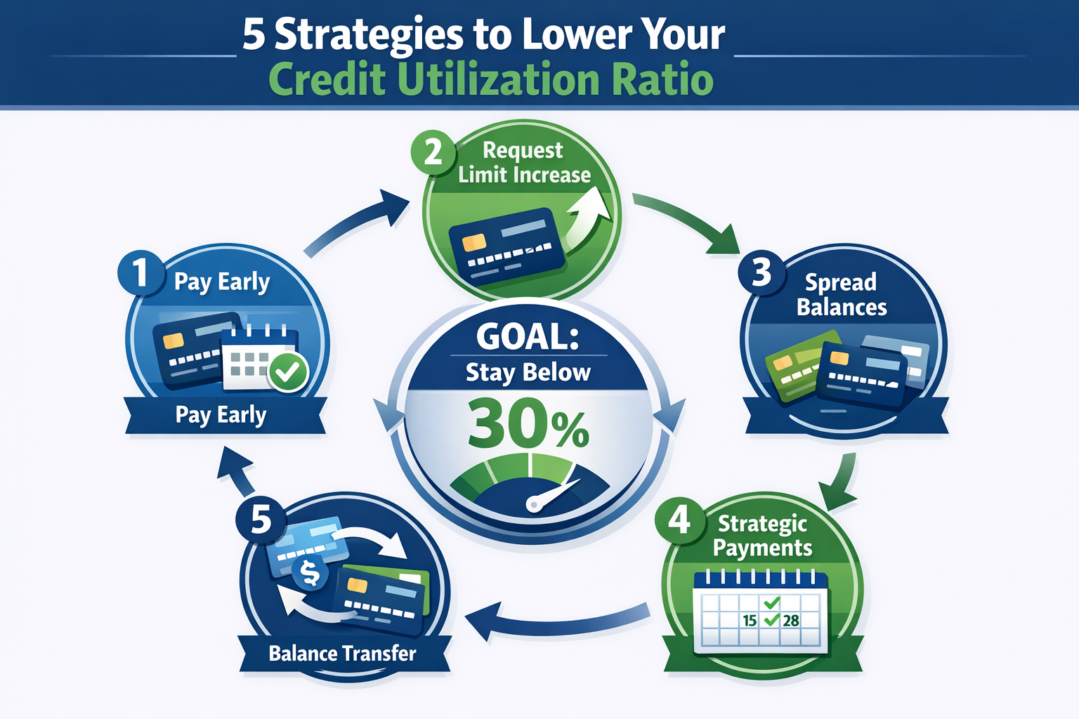 Landscape format (1536x1024) actionable infographic showing five strategies to lower credit utilization ratio. Visual elements include: cred