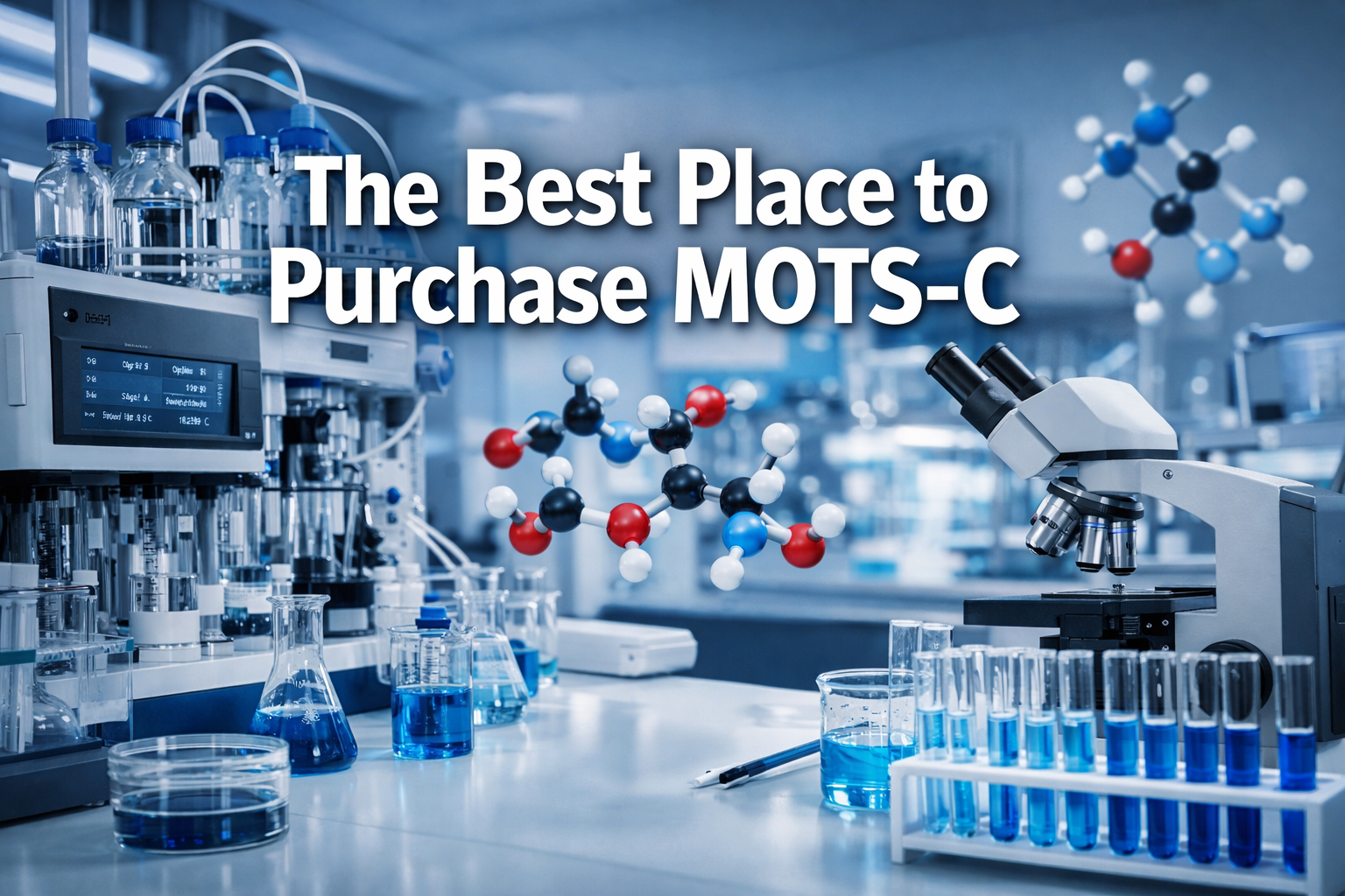 Professional landscape hero image (1536x1024) featuring bold text overlay 'The Best Place to Purchase MOTS-C' in extra large 70pt white sans