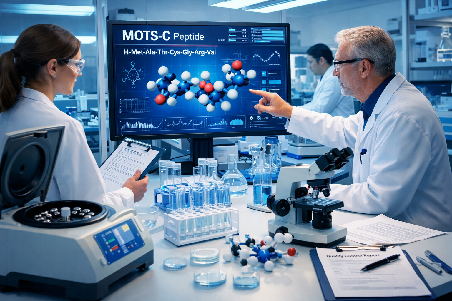 Modern laboratory scene showing peptide research facility with scientists in white coats examining MOTS-C molecular structure on digital scr