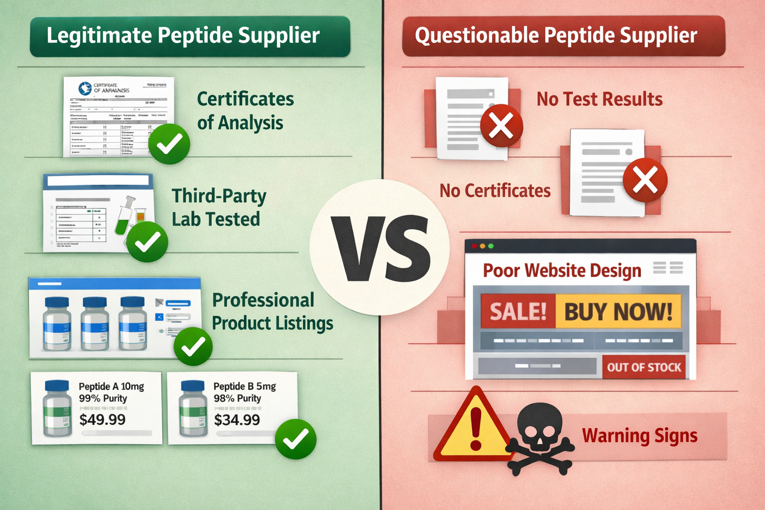 Split-screen comparison visual showing legitimate peptide supplier website interface on left with certificates of analysis, third-party test