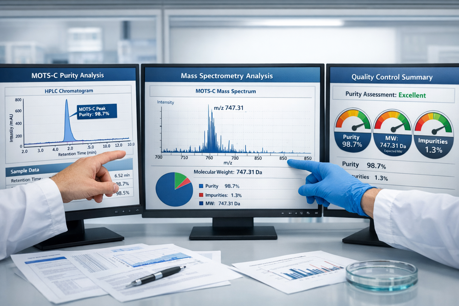 Interactive research data visualization showing MOTS-C purity testing results, chromatography peaks, mass spectrometry data, and quality met